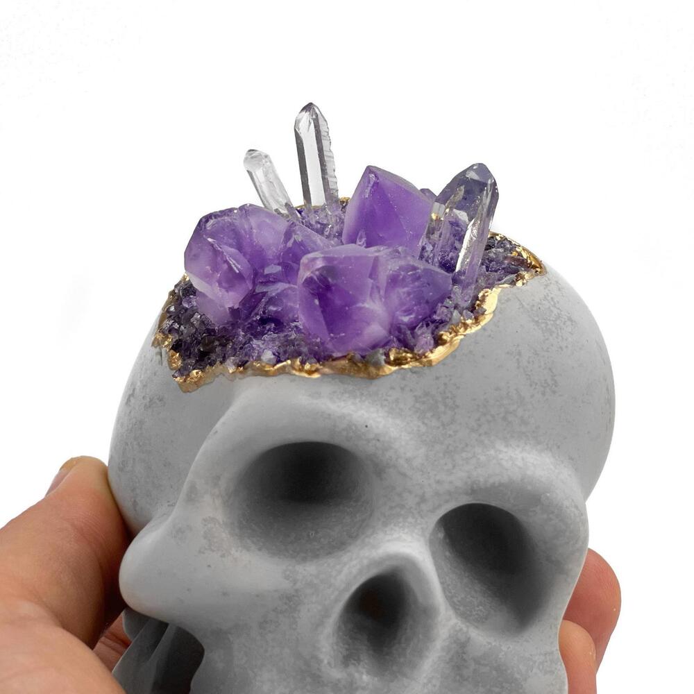 Amethyst Quartz Crystal Skull | Concrete Geode Decor Purple